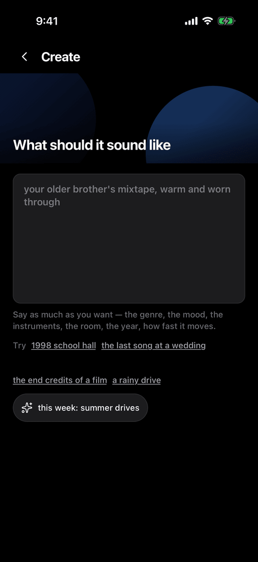 The slapz create screen, where you describe the beat you want in your own words.